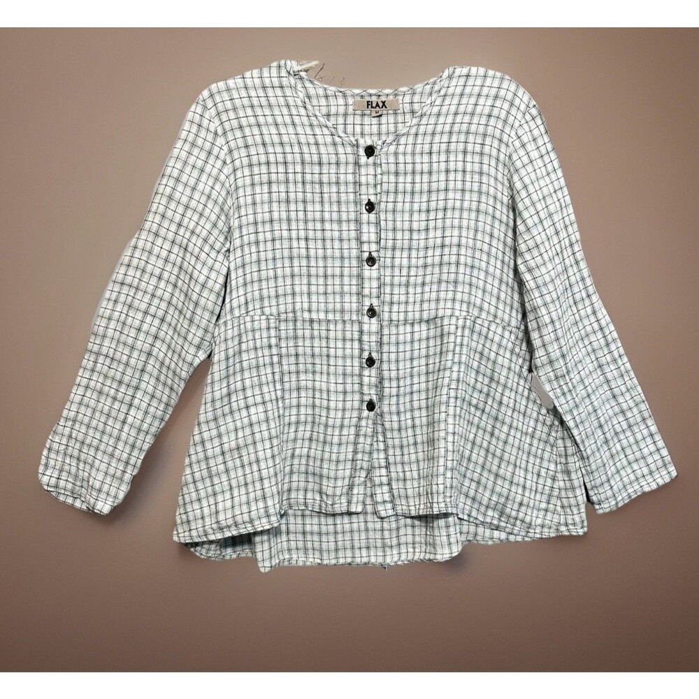 FLAX Tunic Top Tie Back Blue Green Plaid Long Sleeve Lagenlook Eco Girl Natural